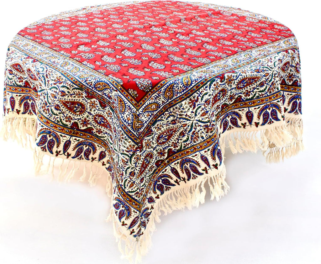 BLUENIYA 40" Square Ghalamkar Cotton Tablecloth – Hand Block Printed Persian Red Floral, Washable