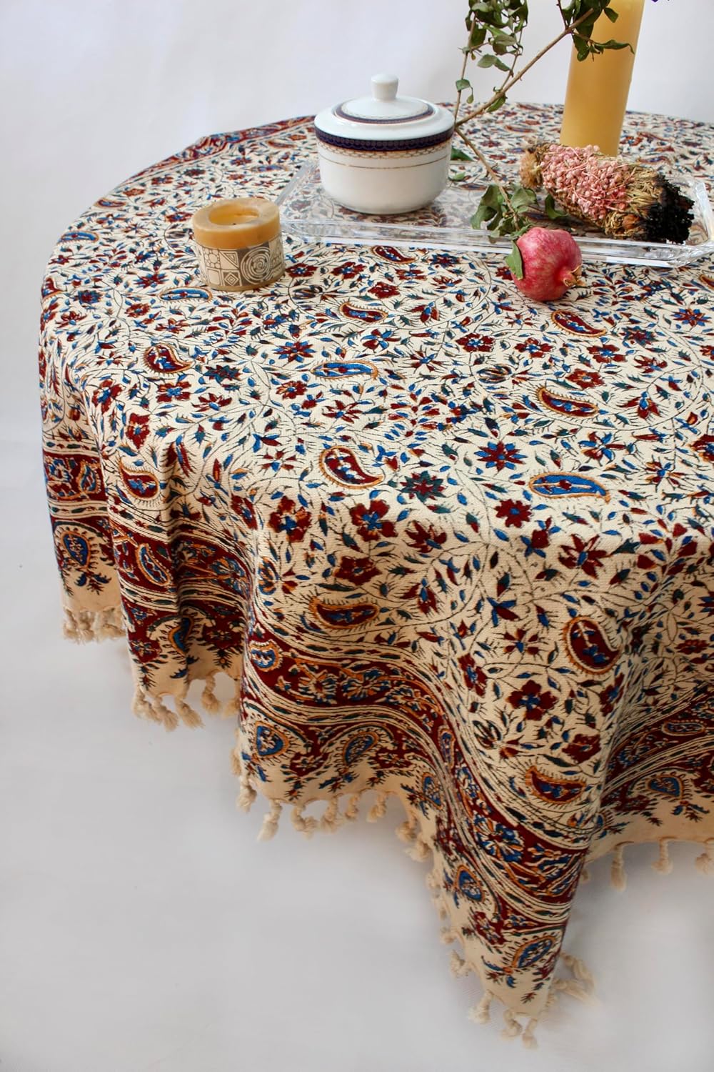 BLUENIYA 40" Square Ghalamkar Cotton Tablecloth – Hand Block Printed Persian Floral Vine, Washable