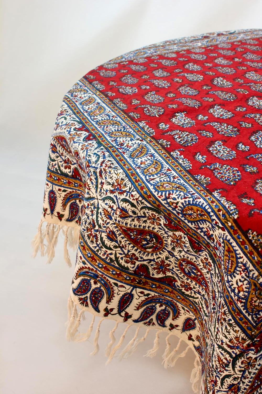 BLUENIYA 40" Square Ghalamkar Cotton Tablecloth – Hand Block Printed Persian Red Floral, Washable