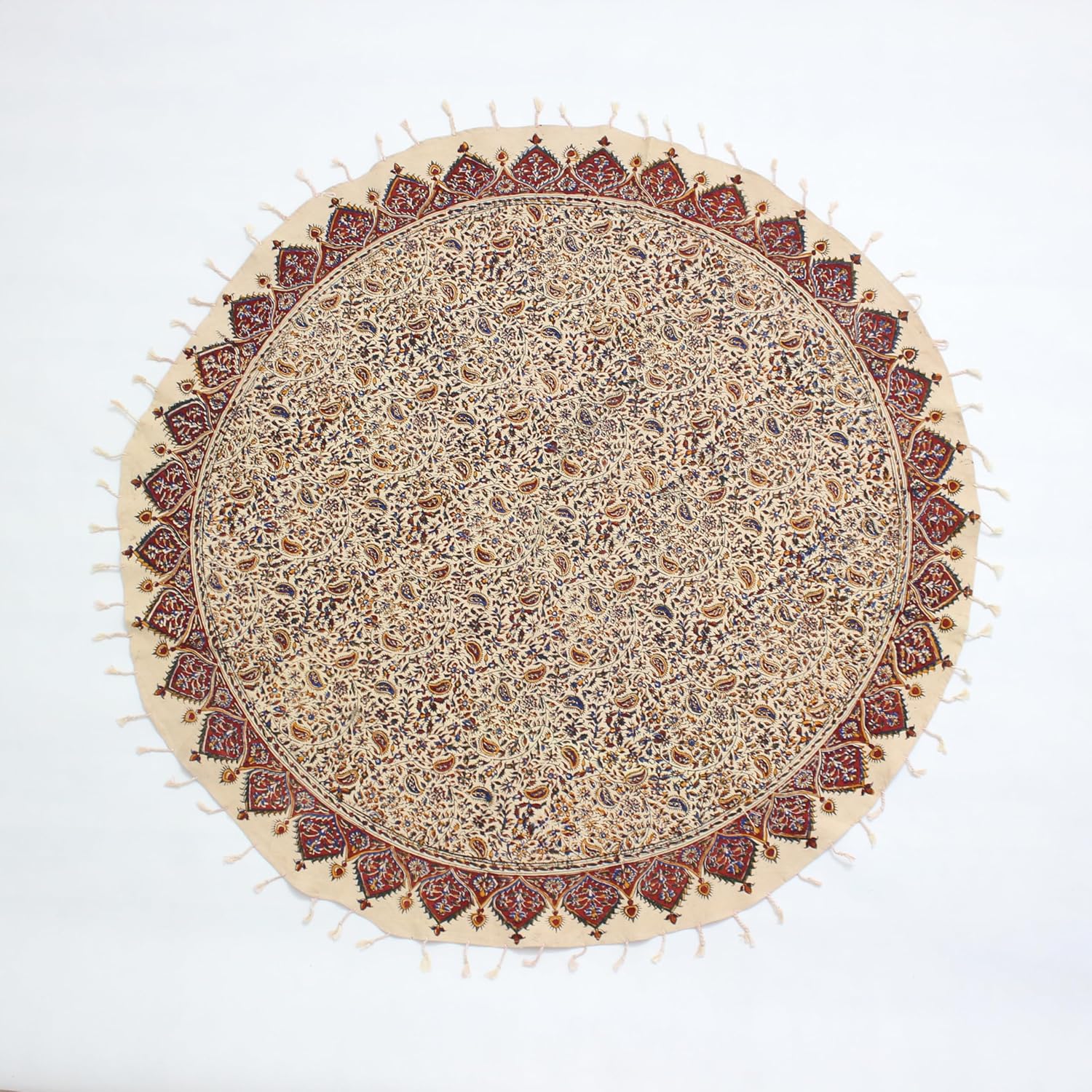 BLUENIYA 48" Round Ghalamkar Cotton Tablecloth – Hand-Stamped Floral Paisley, Washable