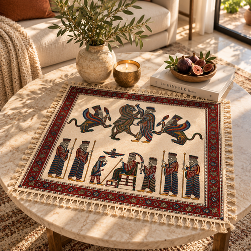 Achaemenid Inspired King & Mythical Scene Tapestry (30x30in) Hakhamanesh Tablecloch