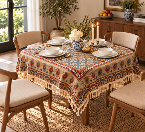 BLUENIYA 40" Square Ghalamkar Cotton Tablecloth – Hand Block Printed Persian Tile & Paisley, Washable