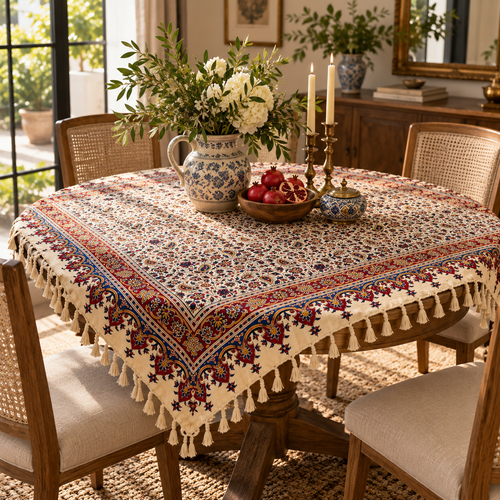 BLUENIYA 40" Square Ghalamkar Cotton Tablecloth – Hand Block Printed Persian Floral Vine, Washable