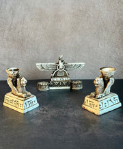 Handmade Achaemenid Persian Style Decor Set of 3, Lion Statues, Faravahar, Golden Box
