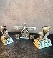 Handmade Achaemenid Persian Style Decor Set of 3, Lion Statues, Faravahar, Golden Box