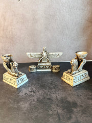Handmade Achaemenid Persian Style Decor Set of 3, Lion Statues, Faravahar, Golden Box