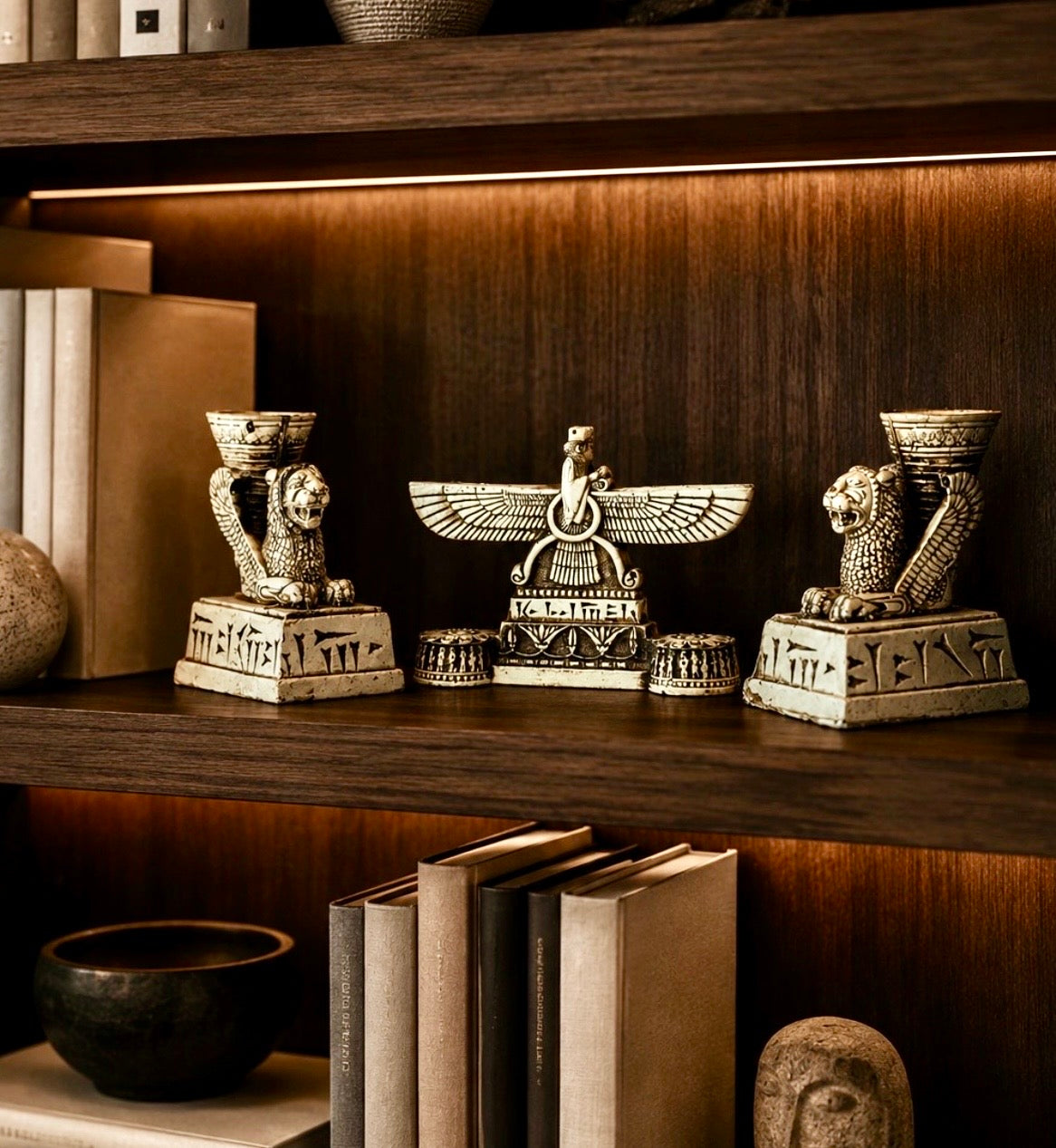 Handmade Achaemenid Persian Style Decor Set of 3, Lion Statues, Faravahar, Golden Box
