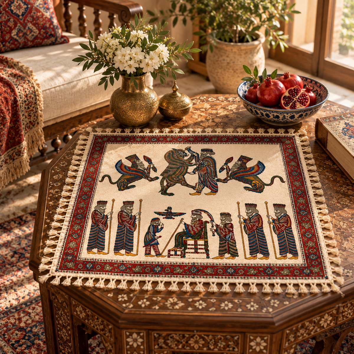 Achaemenid Inspired King & Mythical Scene Tapestry (30x30in) Hakhamanesh Tablecloch