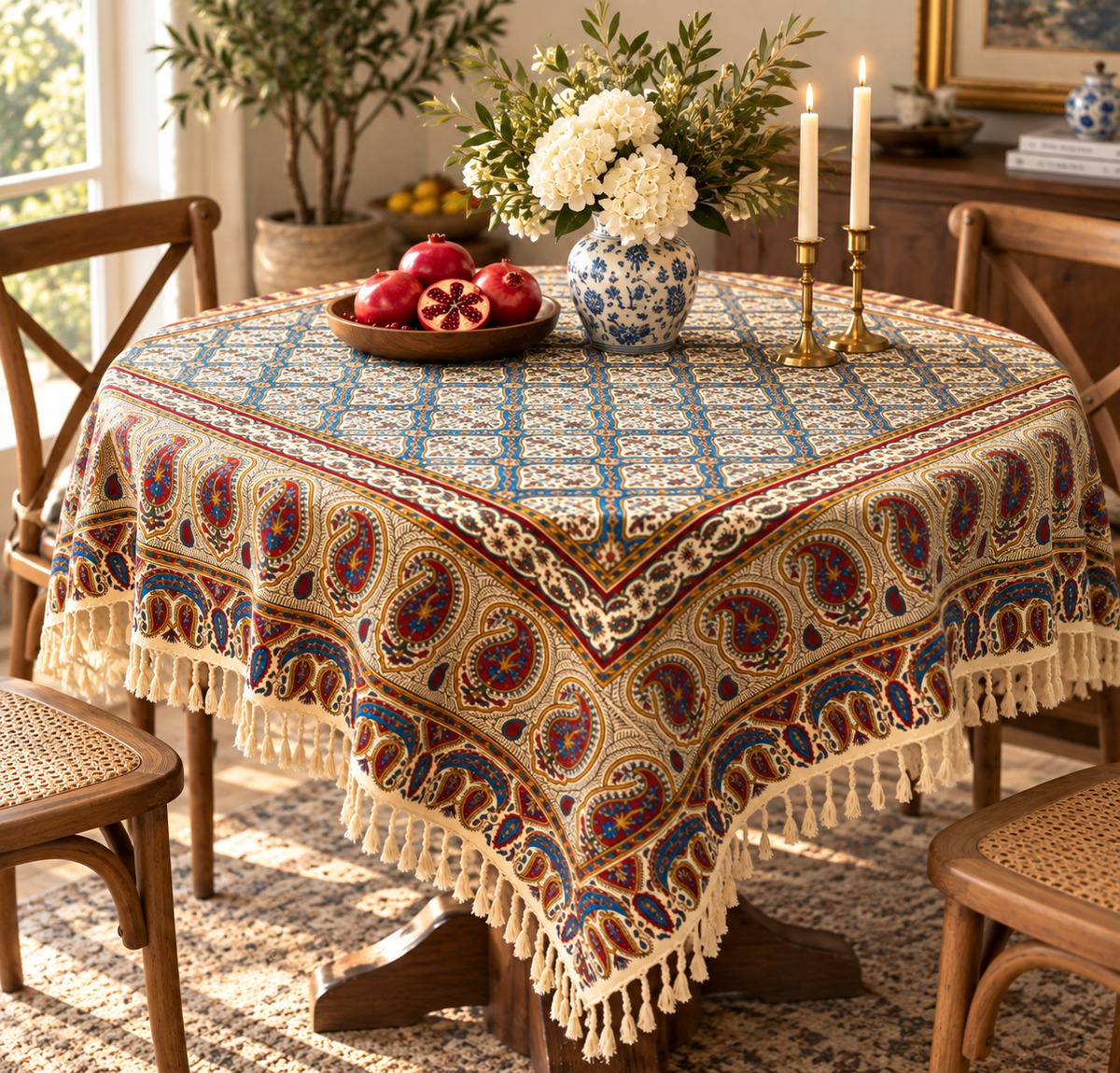 BLUENIYA 40" Square Ghalamkar Cotton Tablecloth – Hand Block Printed Persian Tile & Paisley, Washable