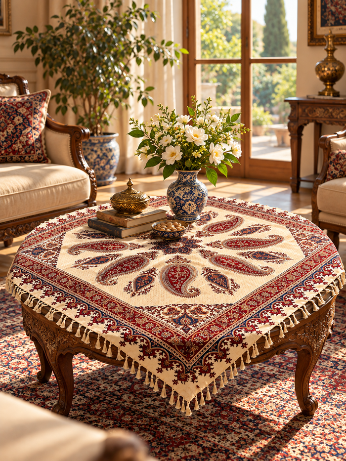 BLUENIYA 40" Square Ghalamkar Cotton Tablecloth – Hand Block Printed Persian Paisley, Washable