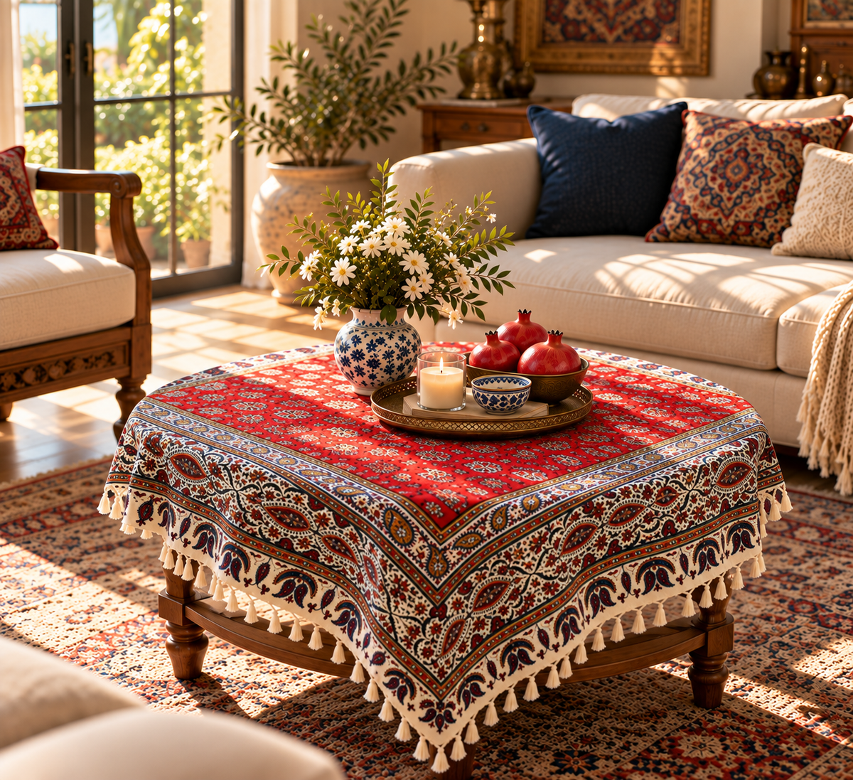 BLUENIYA 40x40in" Square Ghalamkar Cotton Tablecloth – Hand Block Printed Persian Red Floral, Washable