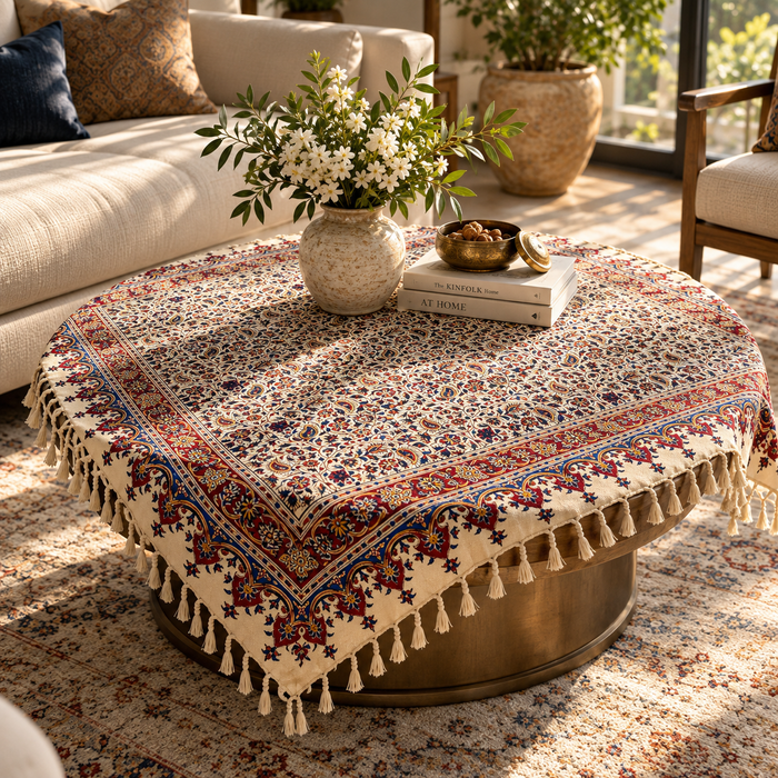 BLUENIYA 40" Square Ghalamkar Cotton Tablecloth – Hand Block Printed Persian Floral Vine, Washable
