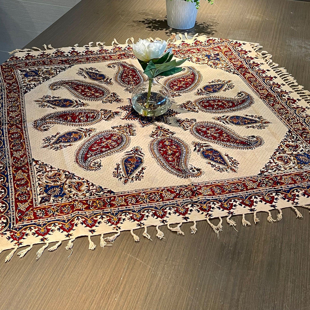 BLUENIYA Termeh Elegance – 40"x40" Handcrafted Cotton Tablecloth | Washable, Reusable, Persian Paisley Design – Small Square Coffee & Dining Table Cover