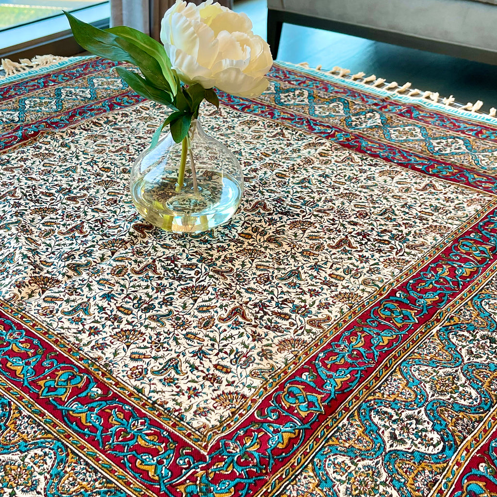 BLUENIYA Termeh Elegance – 40"x40" Handcrafted Cotton Tablecloth | Washable, Reusable, Persian Paisley Design – Small Square Coffee & Dining Table Cover