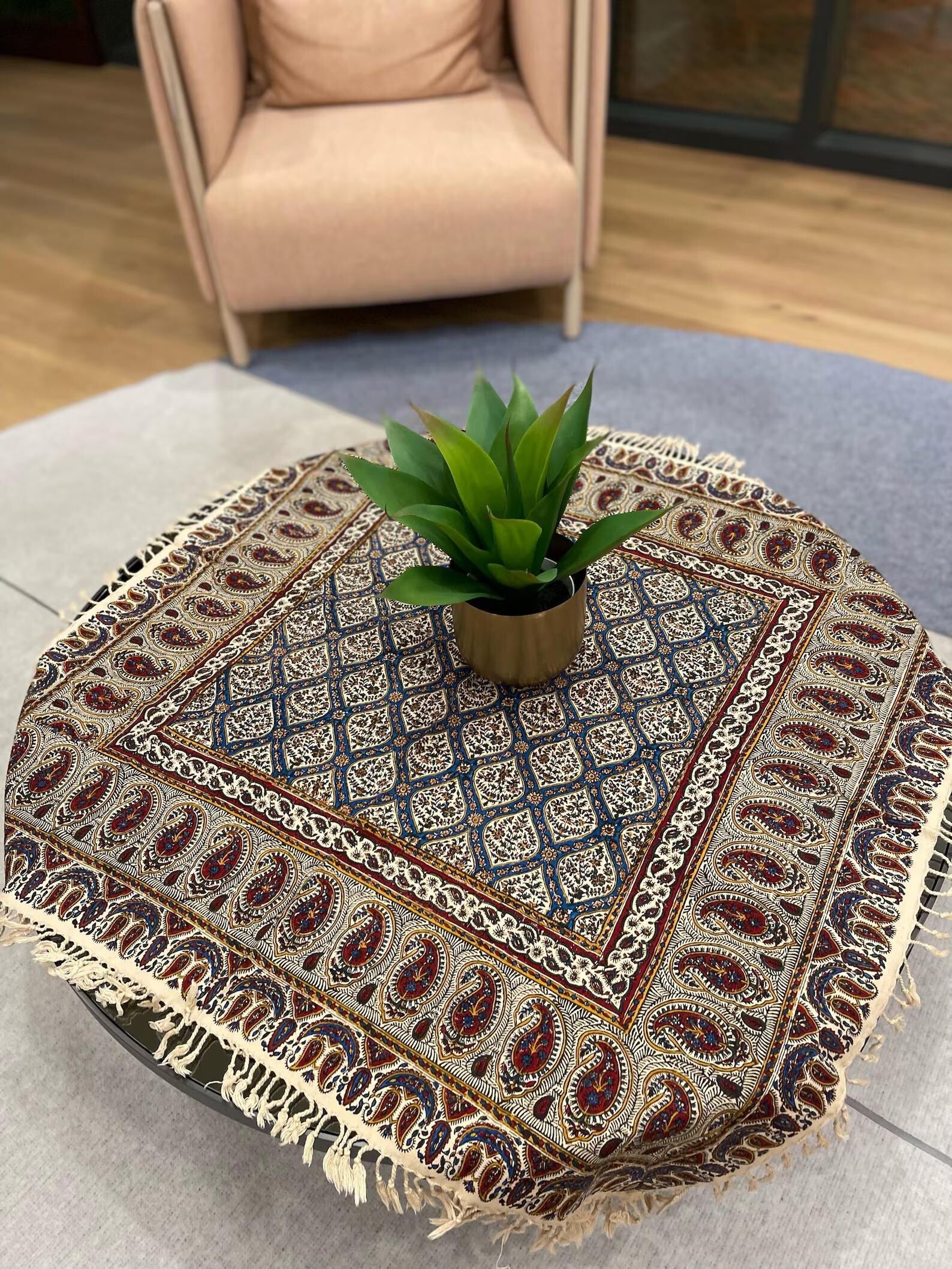 BLUENIYA 40" Square Ghalamkar Cotton Tablecloth – Hand Block Printed Persian Tile & Paisley, Washable