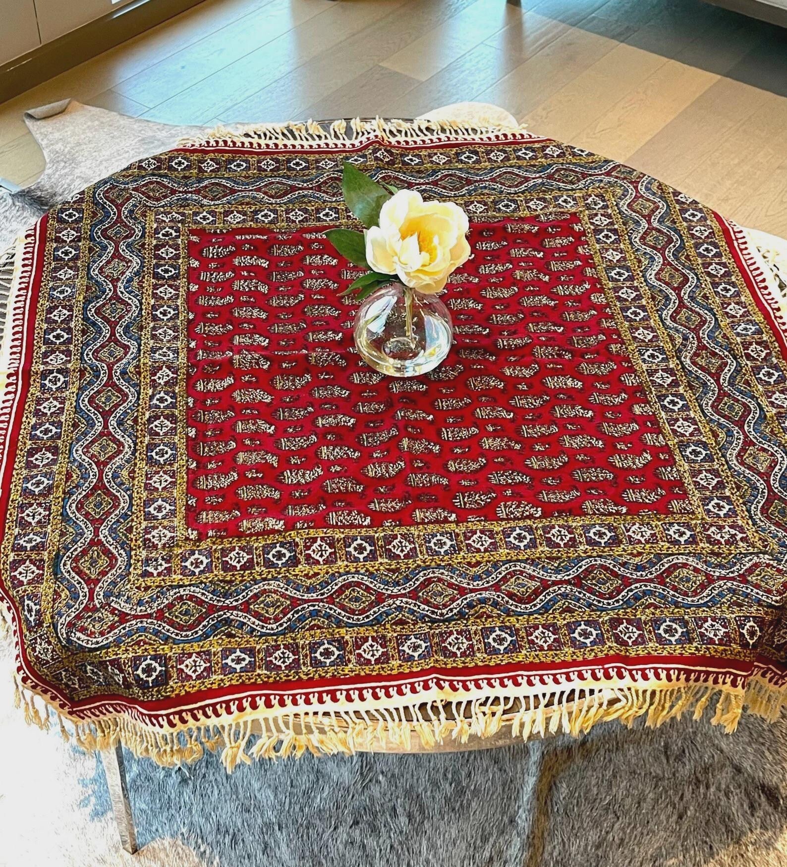 BLUENIYA 40” x 40” Square Ghalamkar Tablecloth – Hand Block Printed Cotton, Red Paisley Table Cover, Washable Reusable