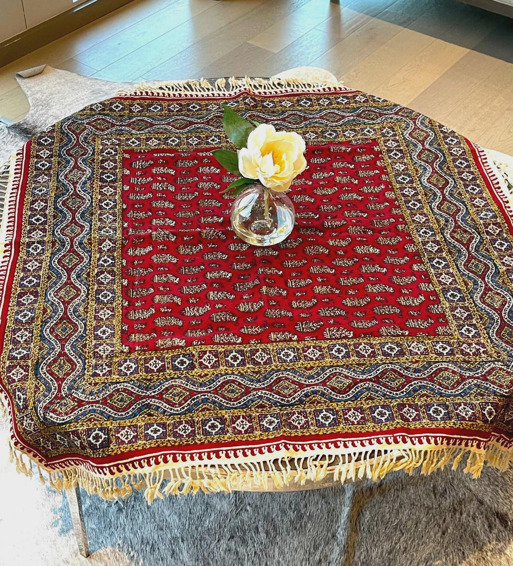 BLUENIYA Termeh Elegance – 40"x40" Handcrafted Cotton Tablecloth | Washable, Reusable, Persian Paisley Design – Small Square Coffee & Dining Table Cover